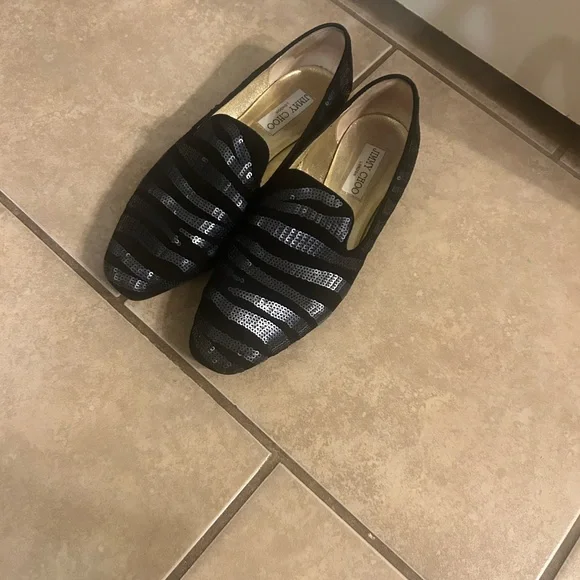 Jimmy Choo 7.5 black velvet with navy sequins gold inside loafers - Picture 2 of 12